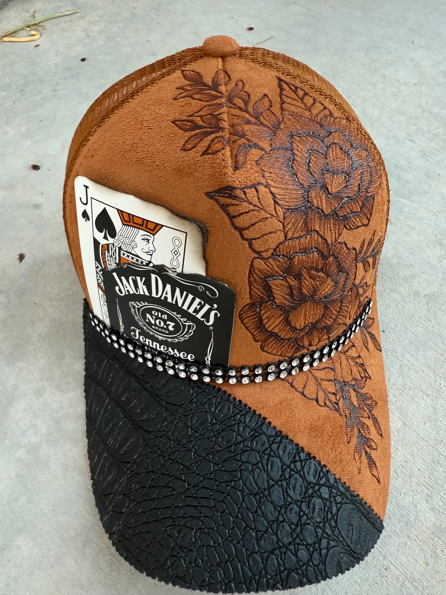 Tobacco floral alligator burned trucker hat custom ball cap SnapBack