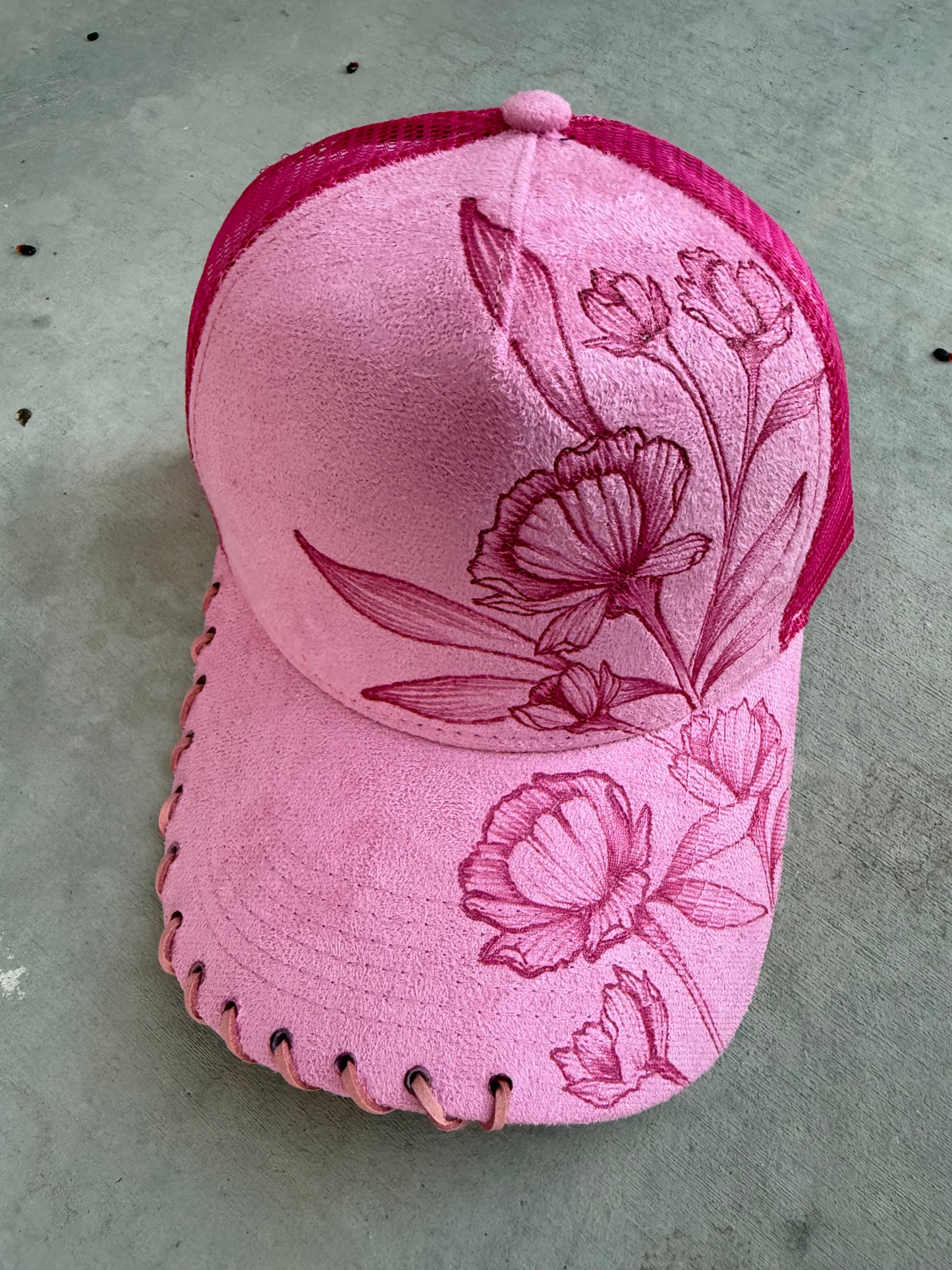 Pink floral burned trucker hat custom ball cap SnapBack