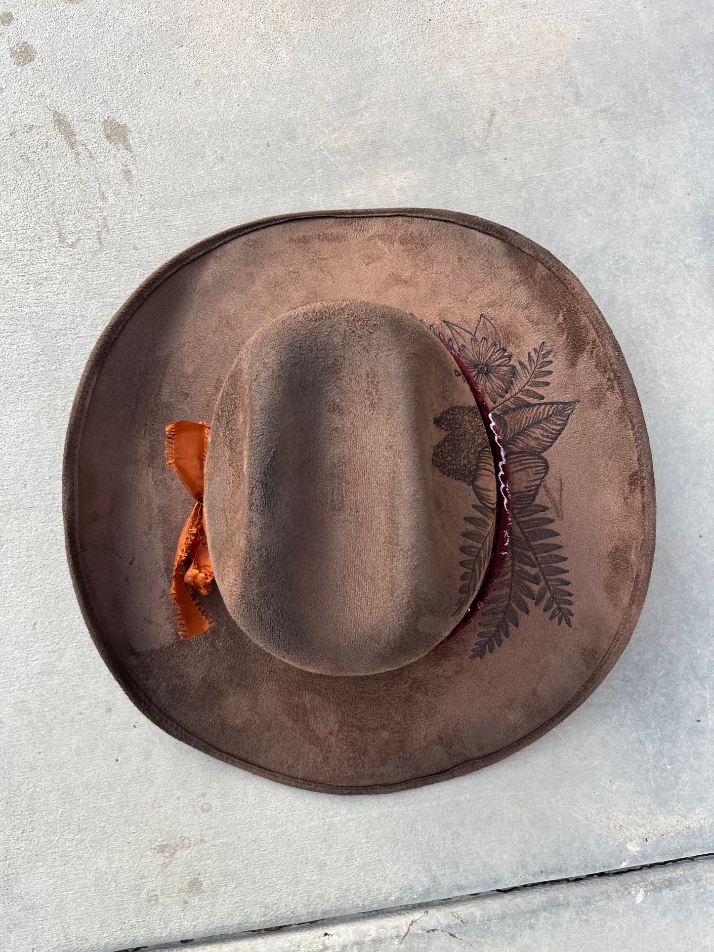Botanical floral brown floral burned suede wide brim cowboy hat