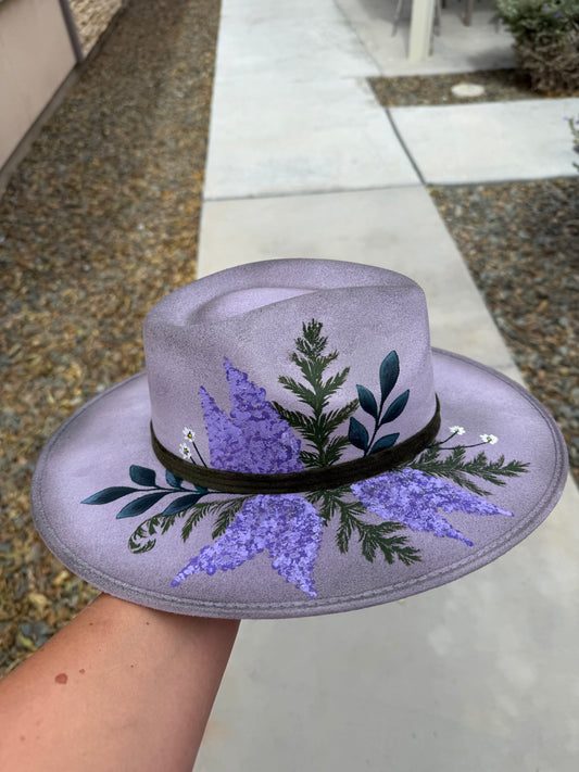 Lavender lilac botanical floral suede wide brim rancher hat