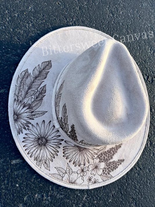Floral boho burned taupe suede floral feather floral wide brim rancher hat