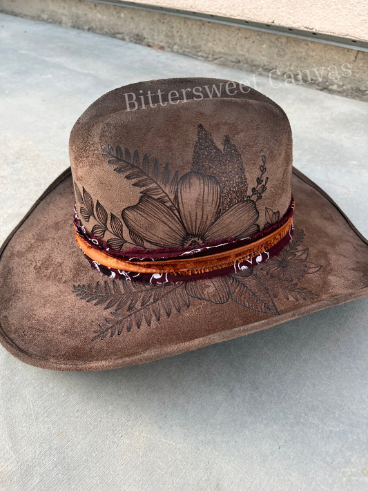 Botanical floral brown floral burned suede wide brim cowboy hat