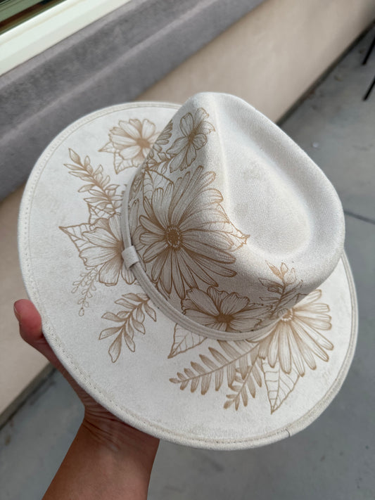 Ivory floral crown suede wide brim rancher hat