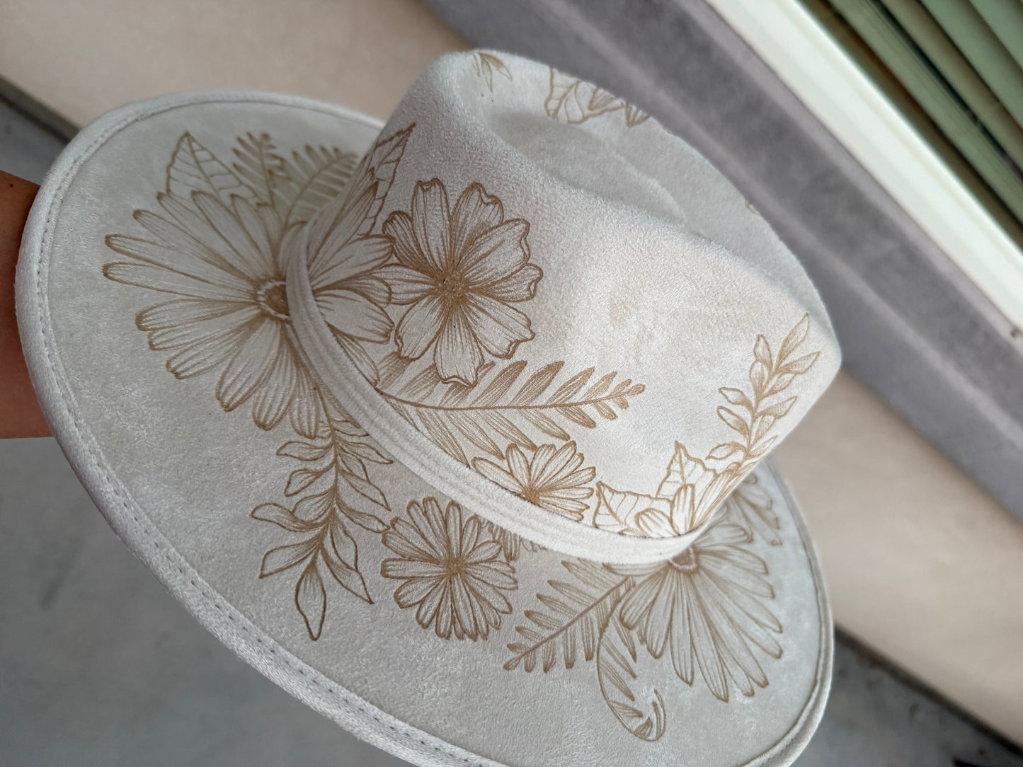 Ivory floral crown suede wide brim rancher hat