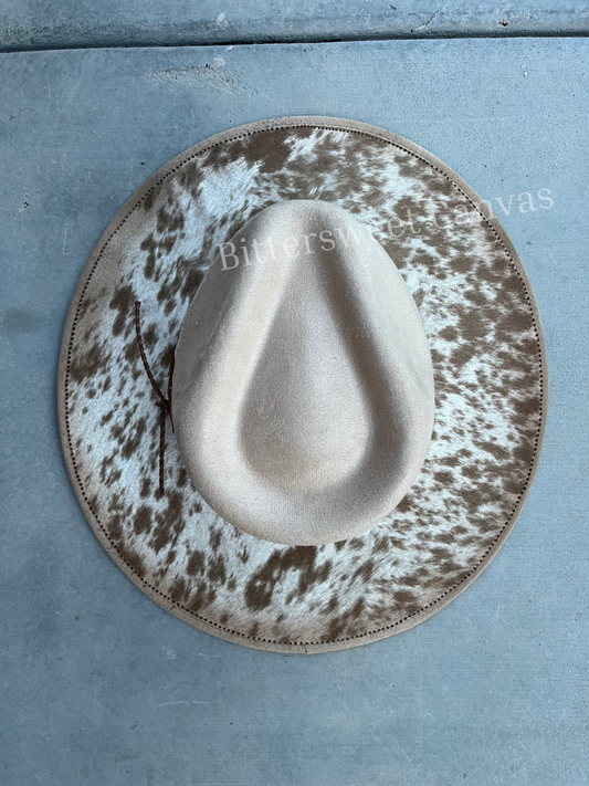 Beige steer head cow hide suede wide brim rancher hat