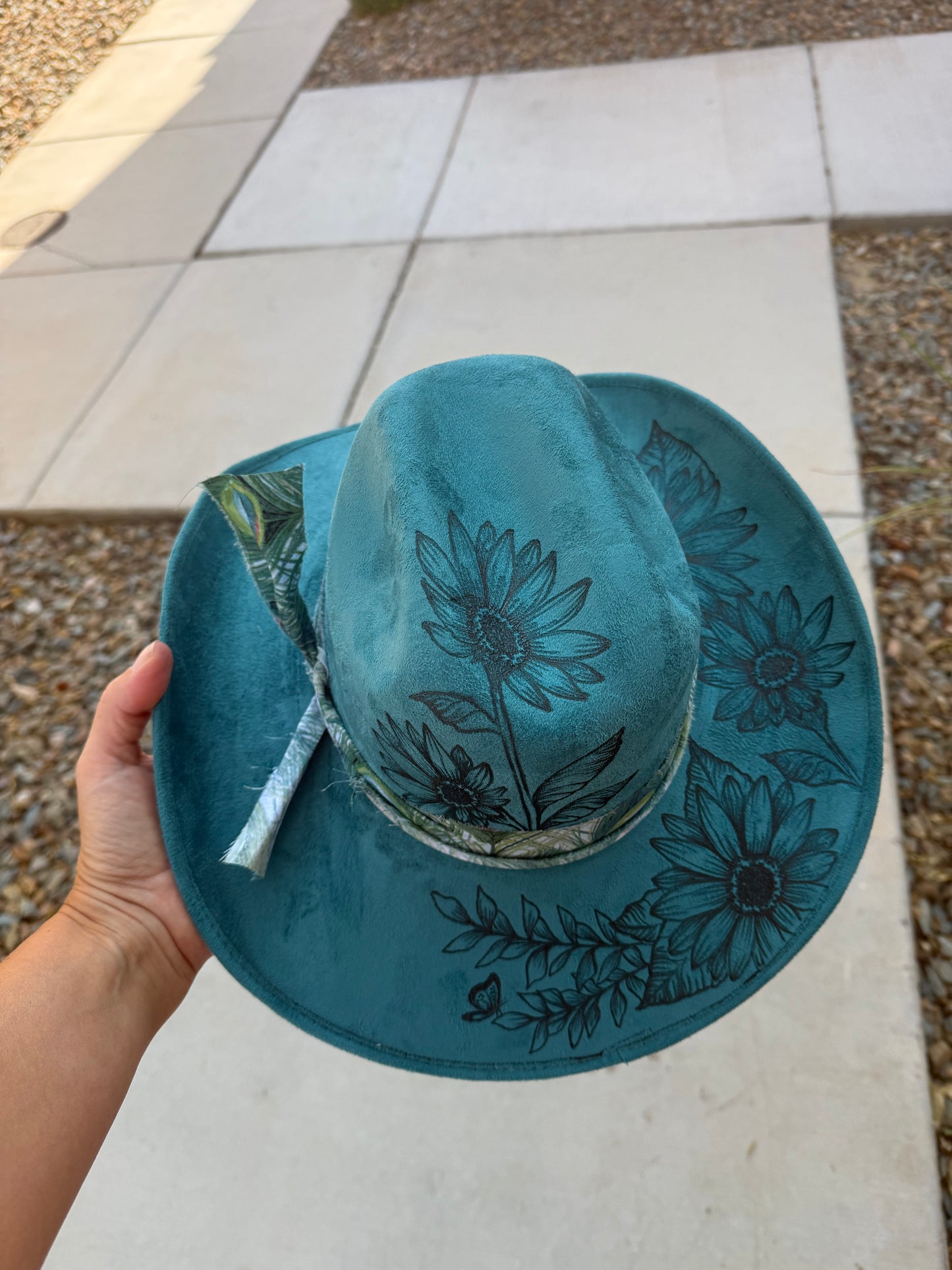 Floral sunflower teal suede wide brim cowboy hat