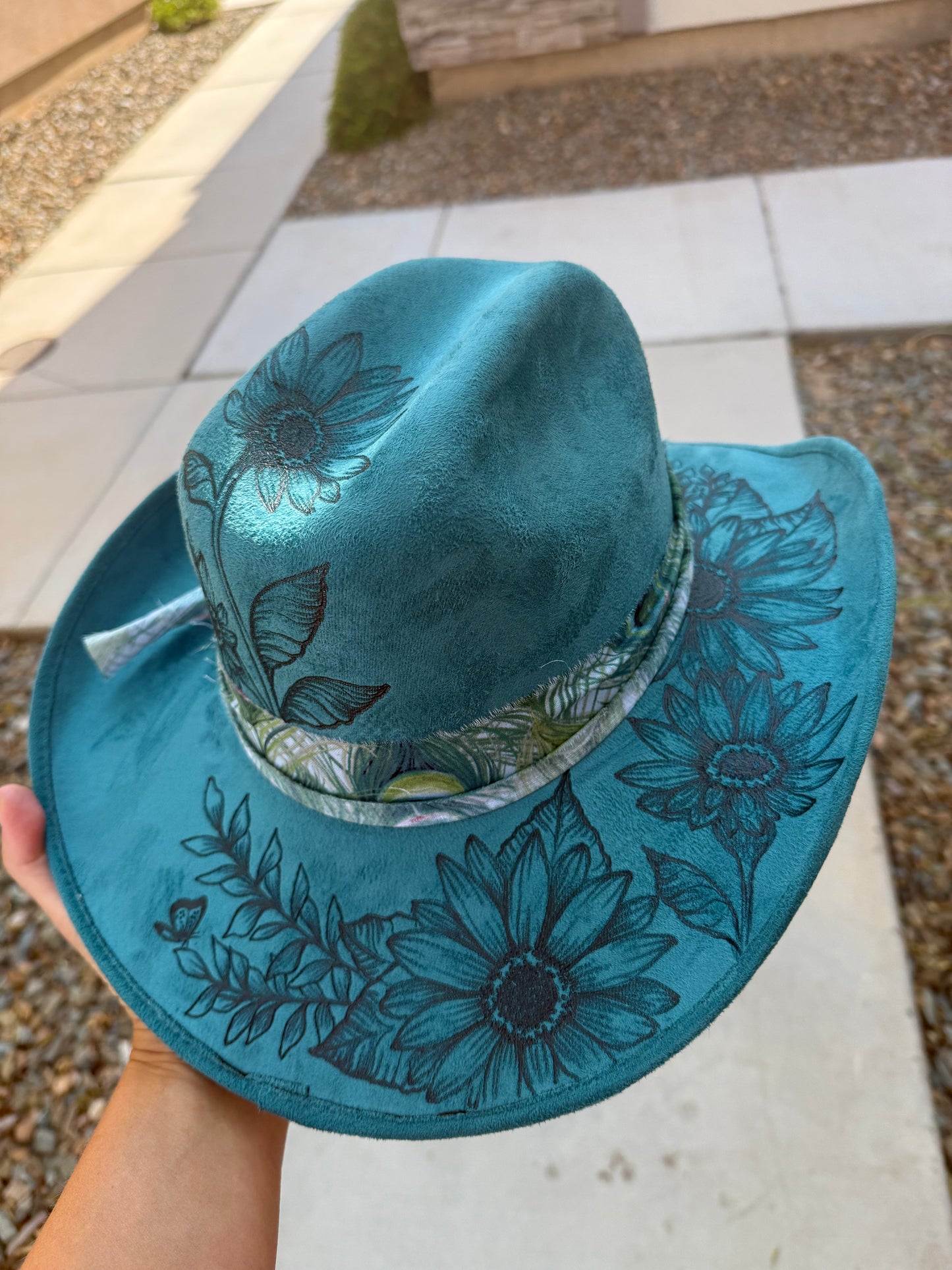 Floral sunflower teal suede wide brim cowboy hat
