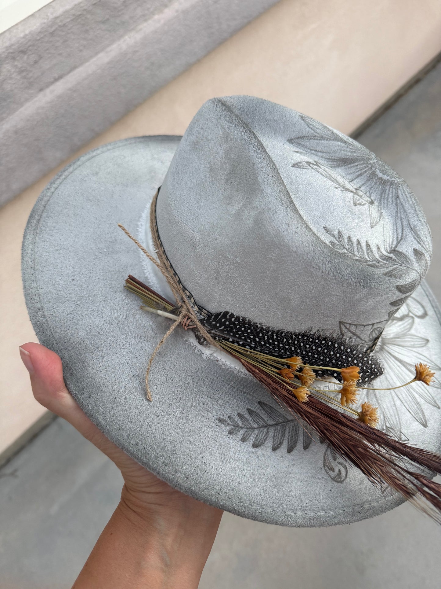 Light gray floral suede wide brim cowboy hat