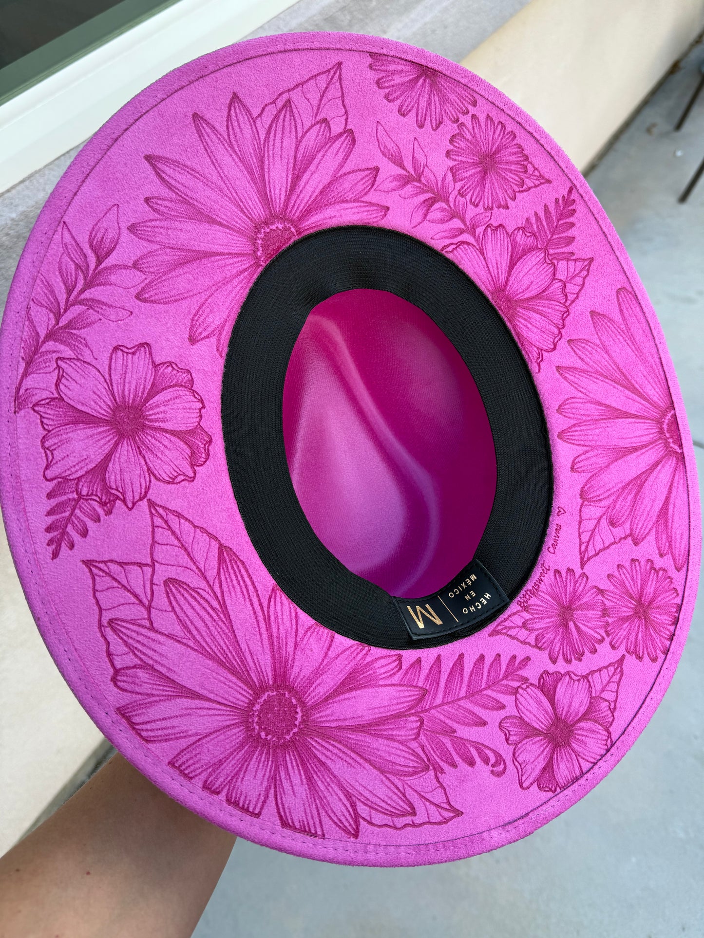 Pink floral suede wide brim rancher hat