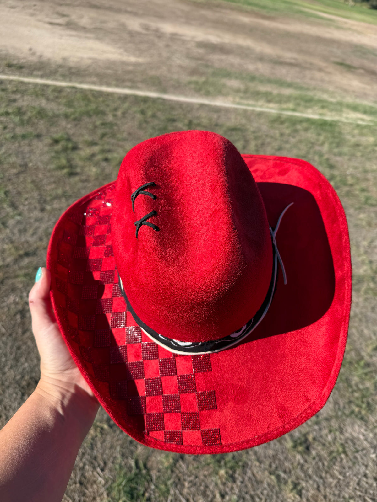 Red rhinestone burned suede wide brim cowboy hat