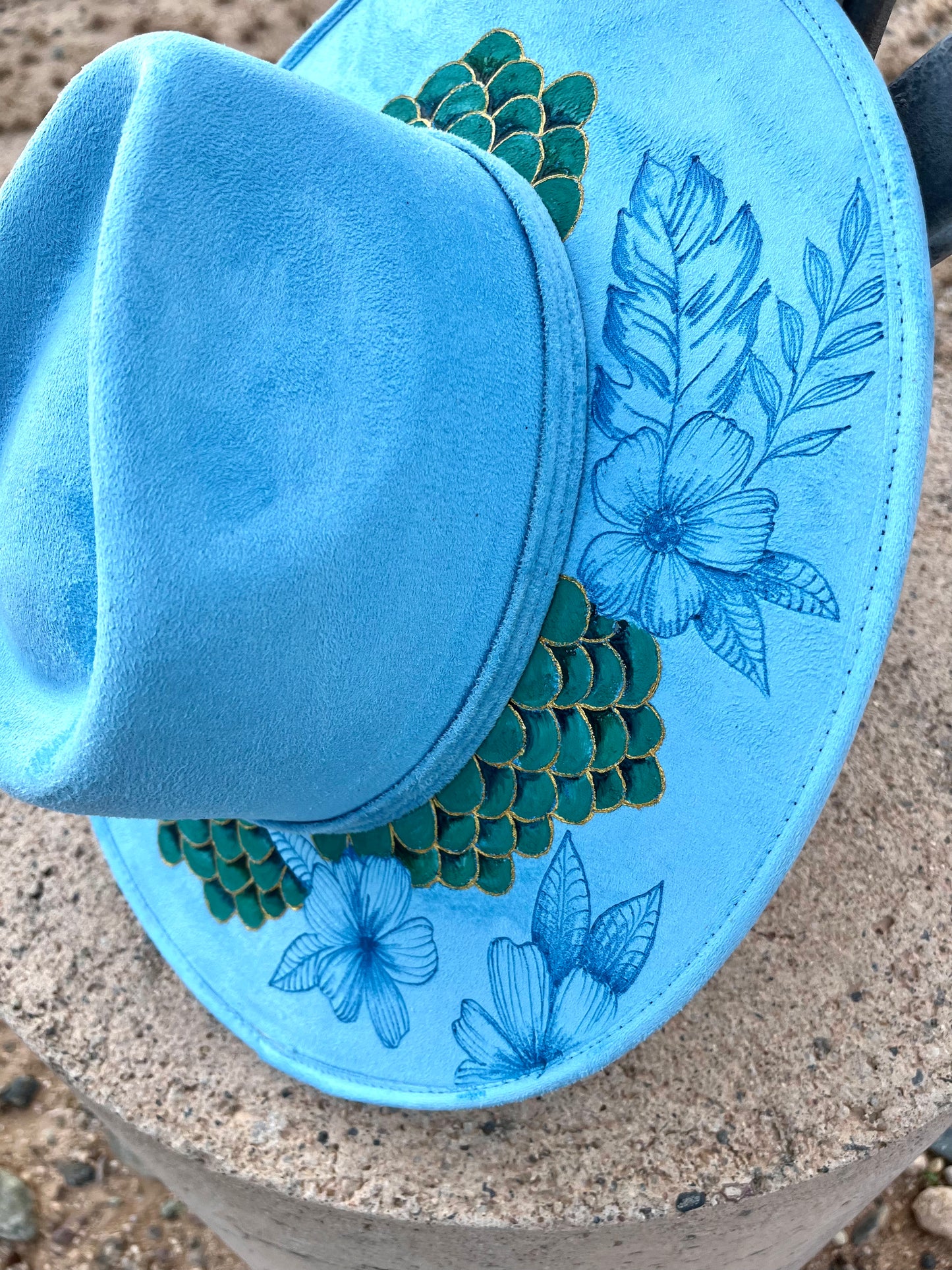 Mermaid floral blue burned suede wide brim rancher hat