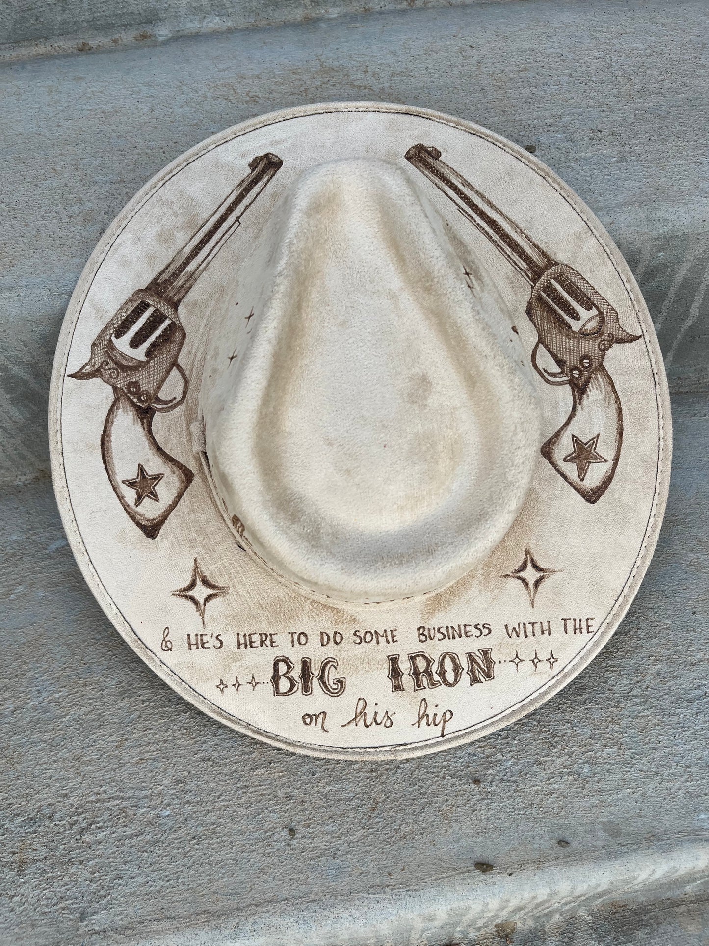 Big iron revolvers western beige burned suede wide brim rancher hat