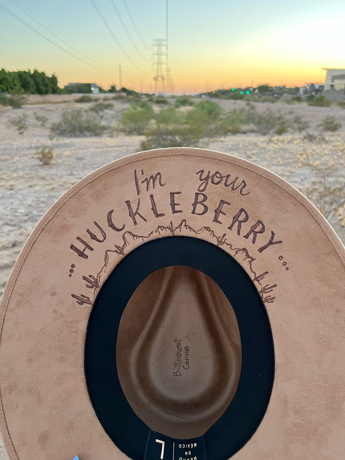 Tan I’m your huckleberry tombstone revolvers burned suede wide brim rancher hat