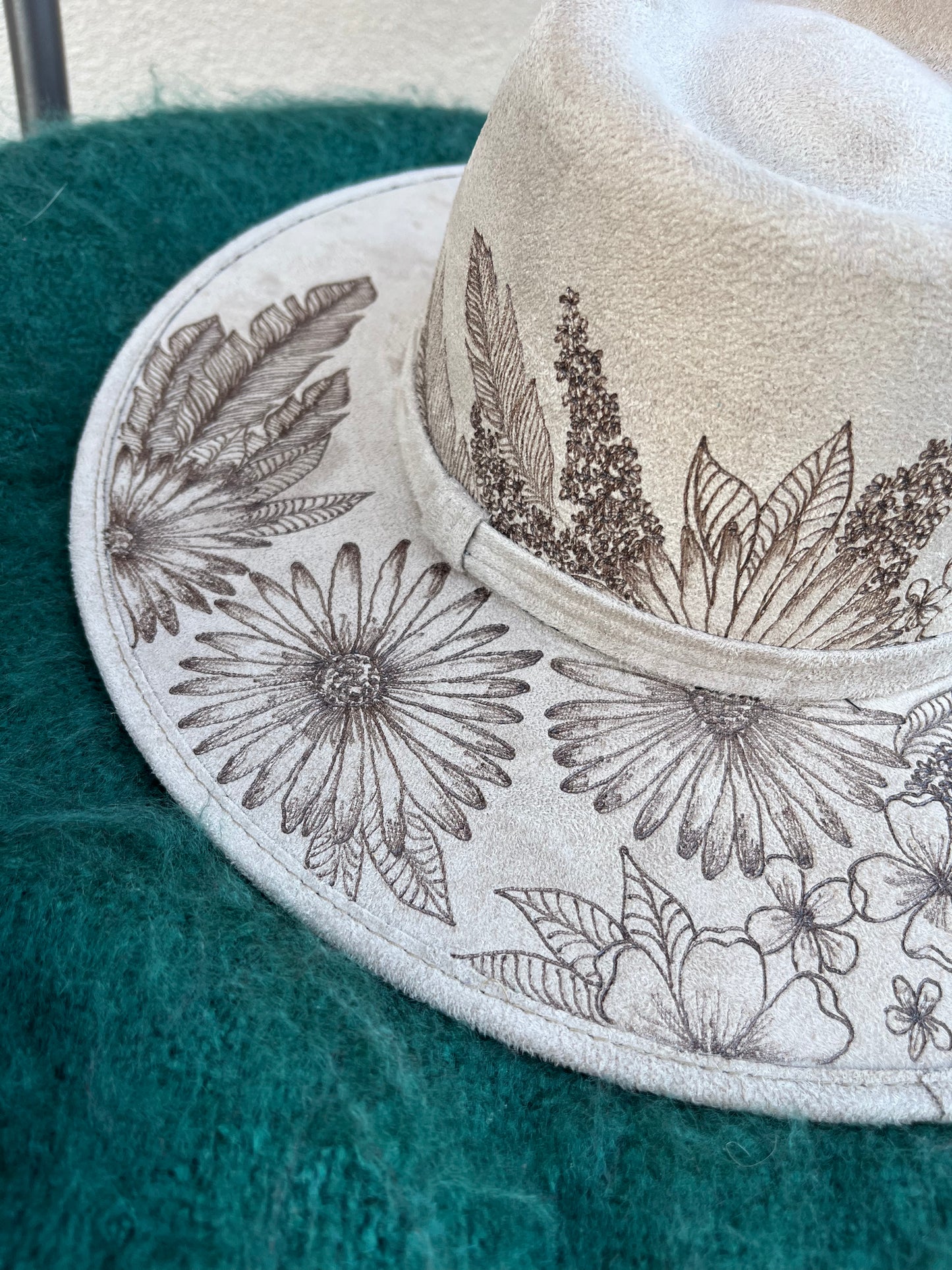 Floral boho burned taupe suede floral feather floral wide brim rancher hat