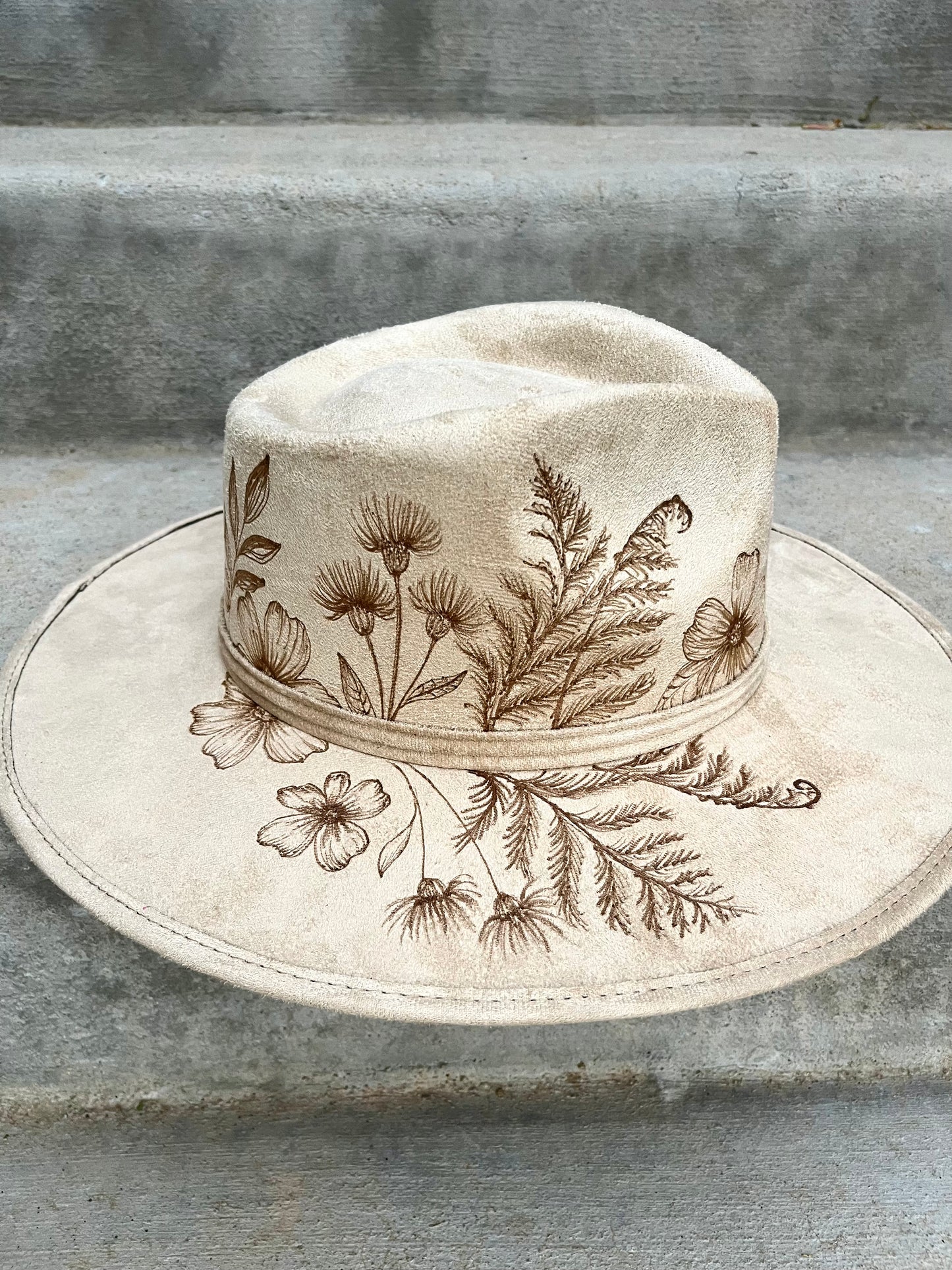 Floral crown beige burned suede wide brim rancher hat