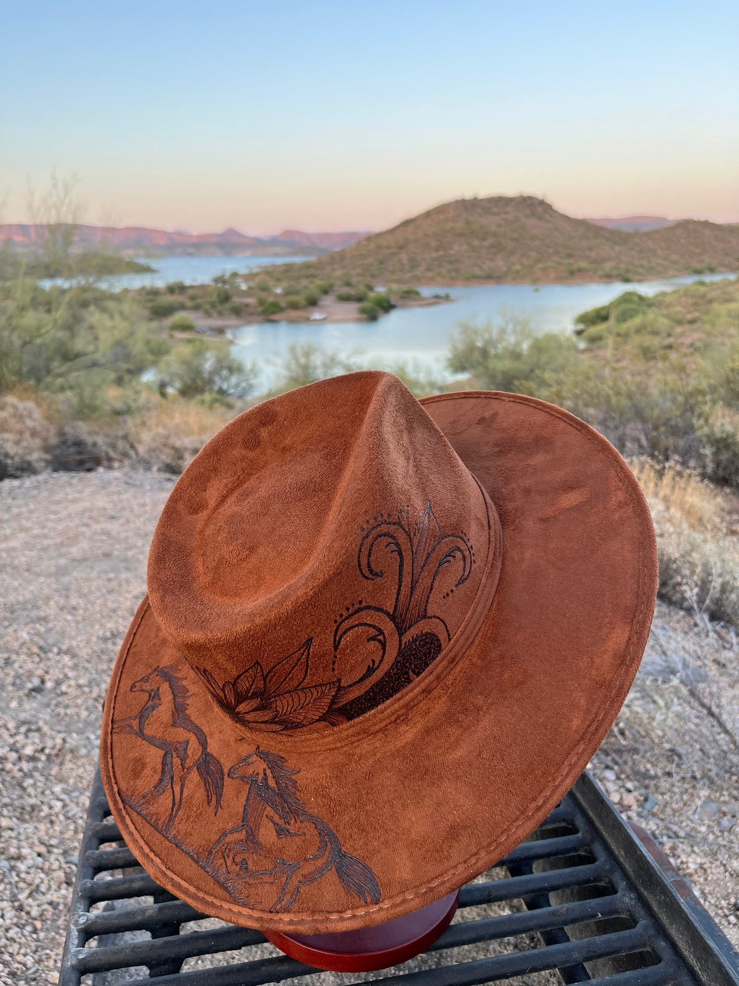 Wild horses burned tobacco suede wide brim rancher hat