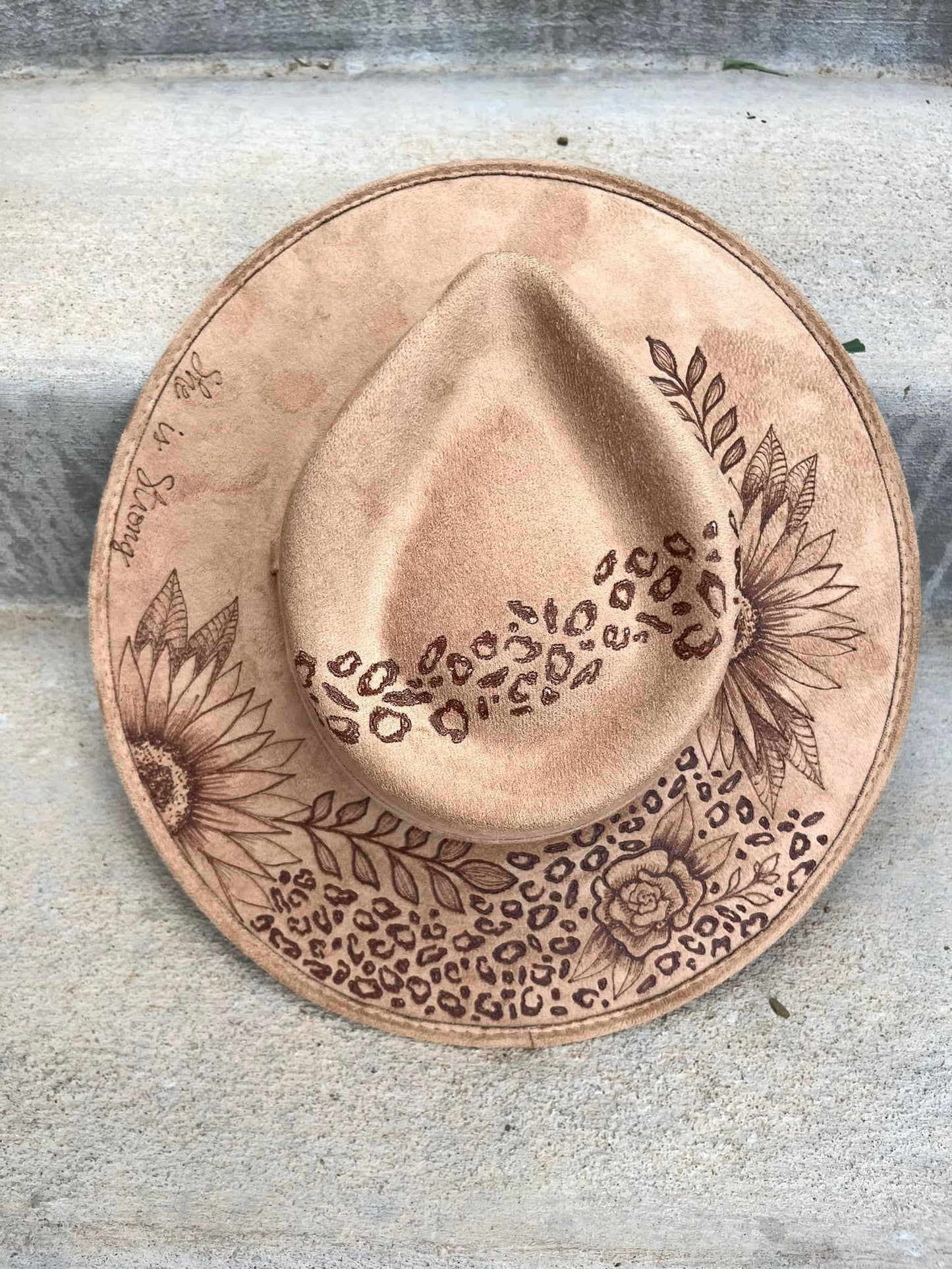 Leopard floral tan burned suede wide brim rancher hat