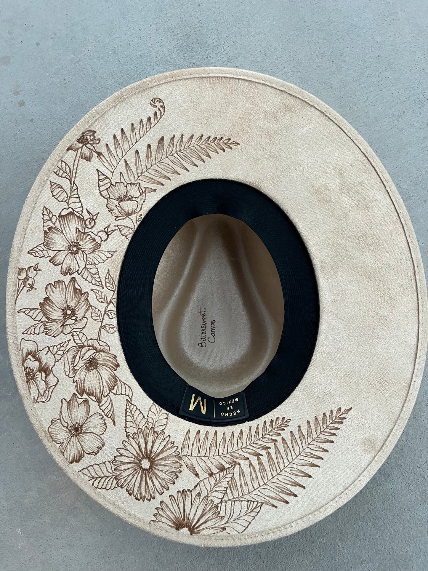 Floral botanical burned light tan suede wide brim rancher hat