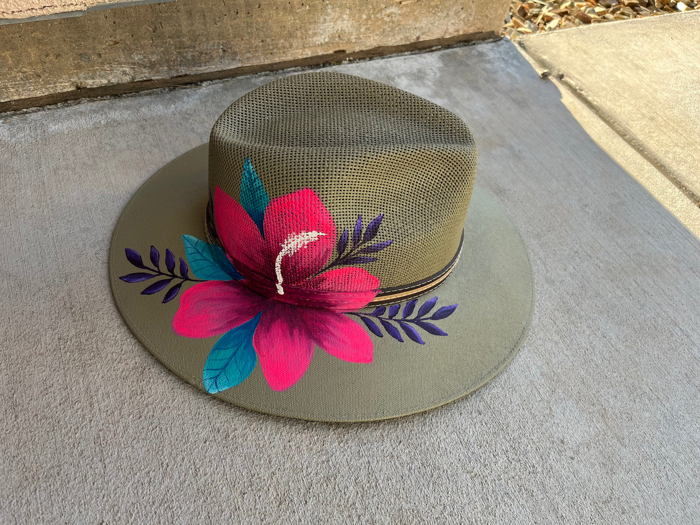 Hibiscus tropical floral summer straw jute rancher Panama hat