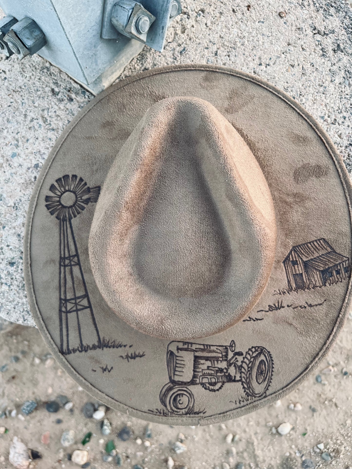 Farm tractor windmill tan suede wide brim rancher hat