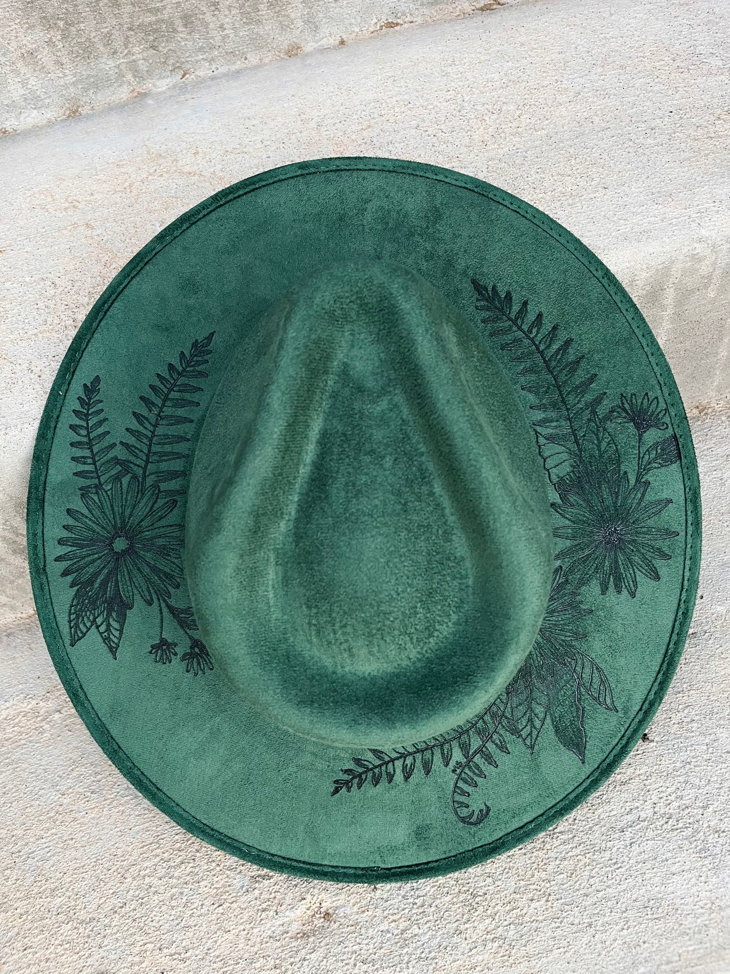 Botanical greenery green burned suede wide brim rancher hat