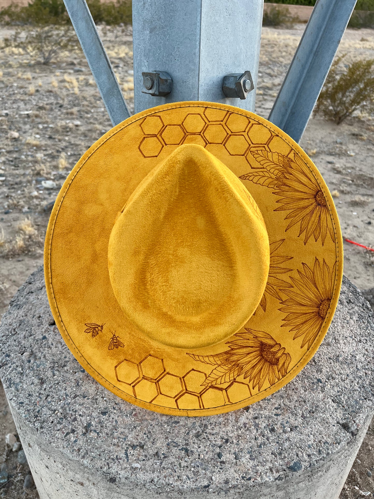 Yellow honeycomb sunflower floral burned bee suede wide brim rancher hat