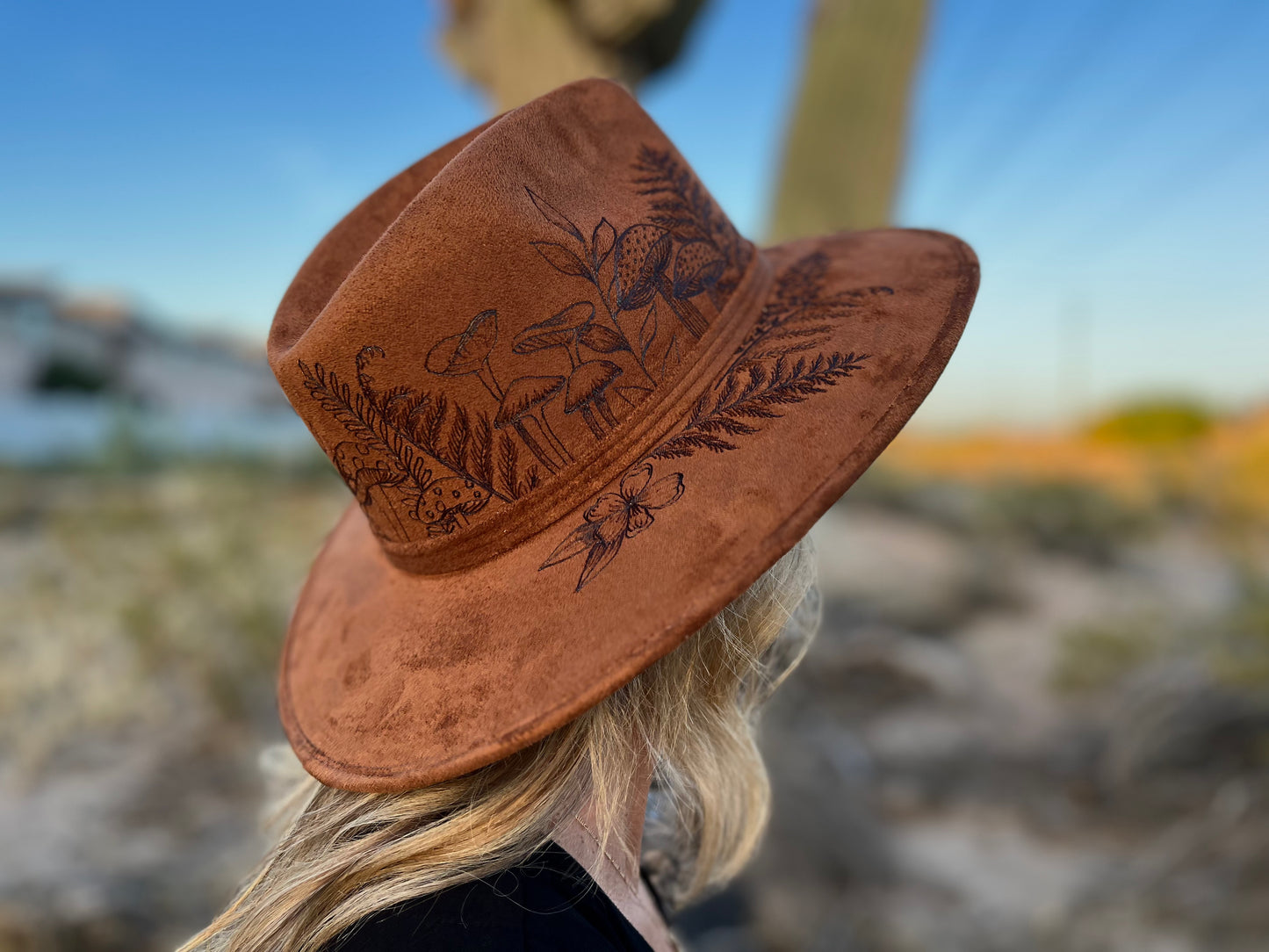 Mushroom fern brown burned suede wide brim rancher hat