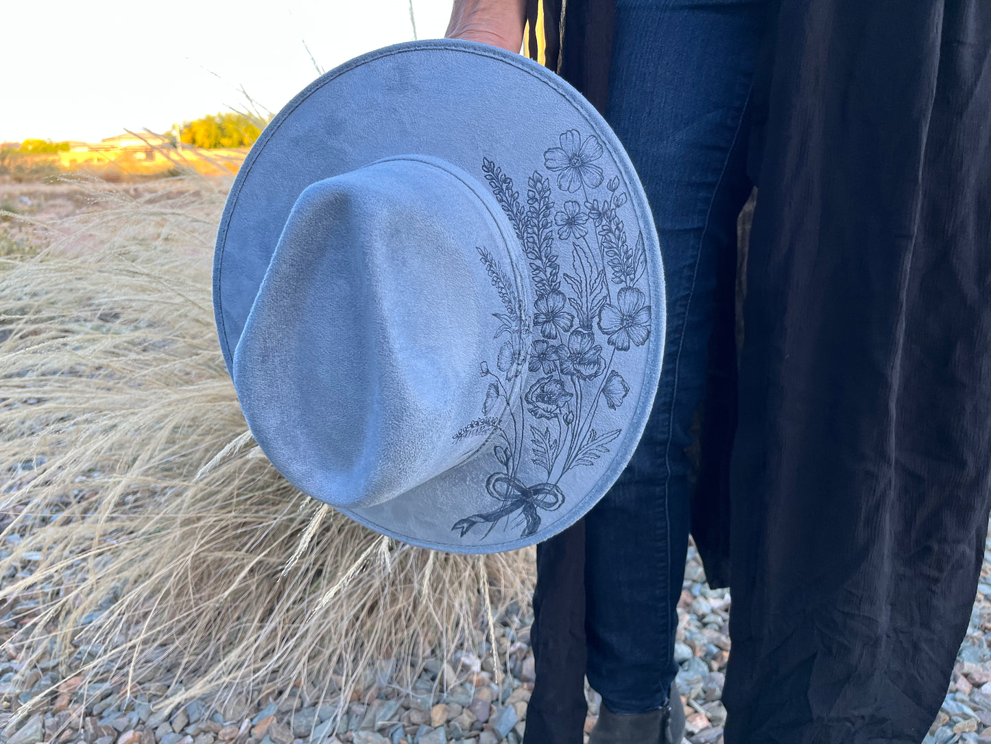 Floral poppies blue suede wide brim rancher hat
