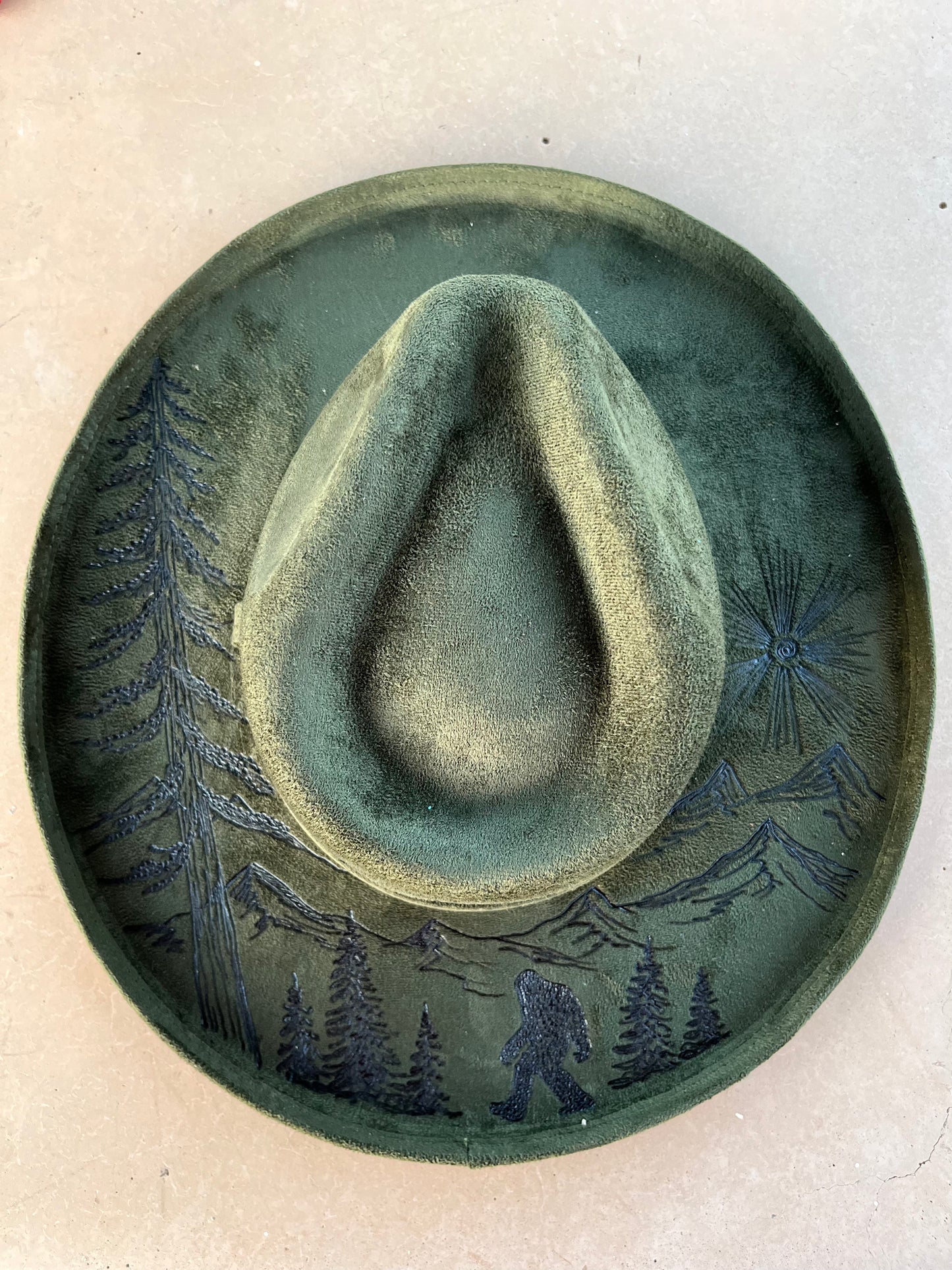 Bigfoot olive green burned suede wide brim rancher hat