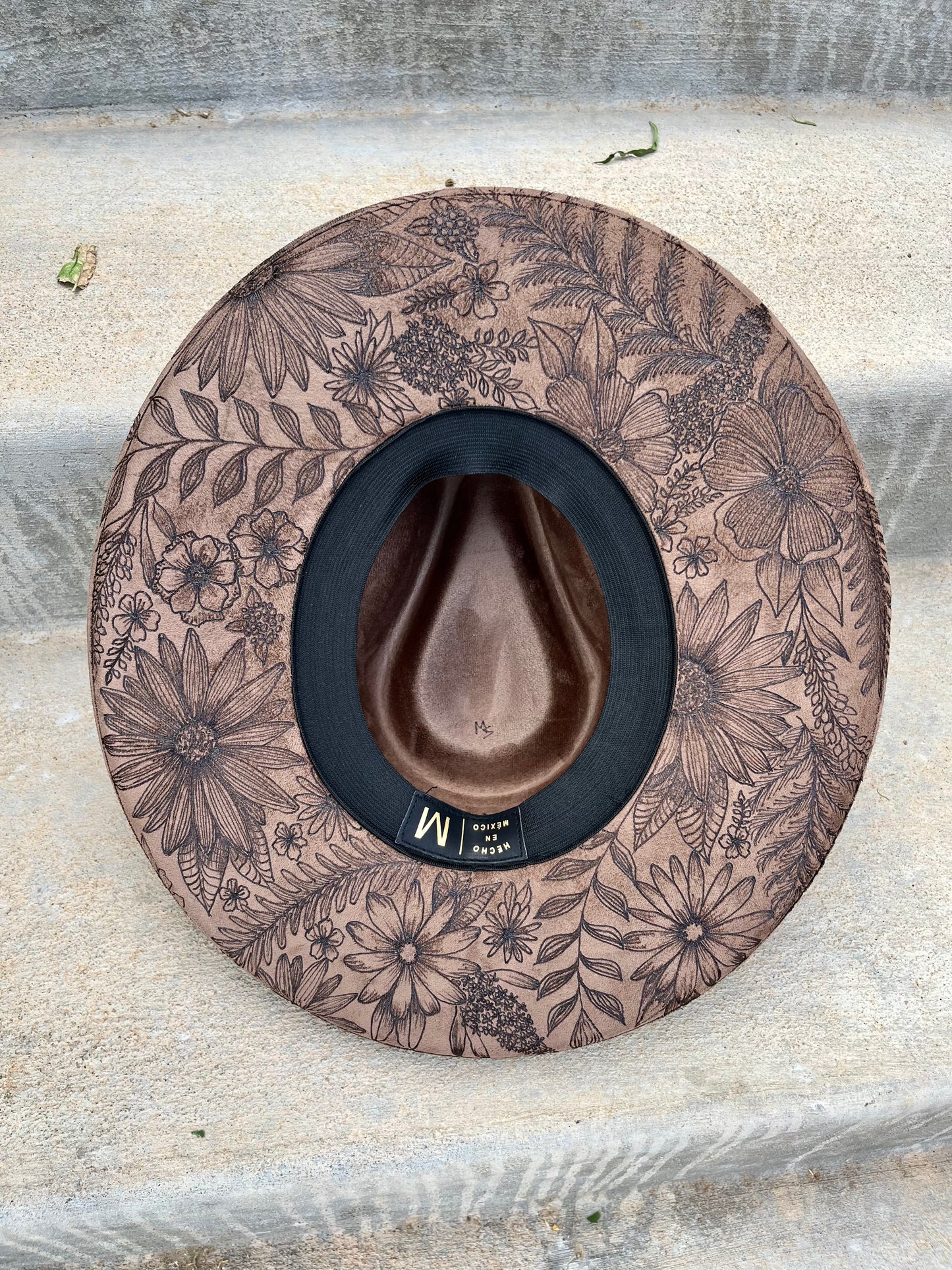 Full floral burned mocha brown suede wide brim rancher hat