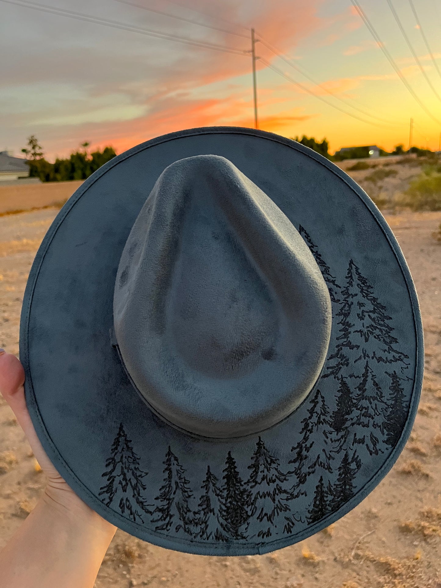 Steel blue tree burned suede wide brim rancher hat