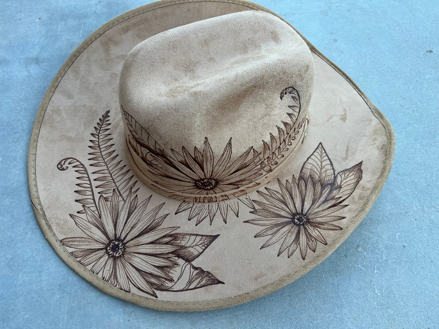 Tan sunflower floral burned cowboy suede wide brim cowboy rancher hat