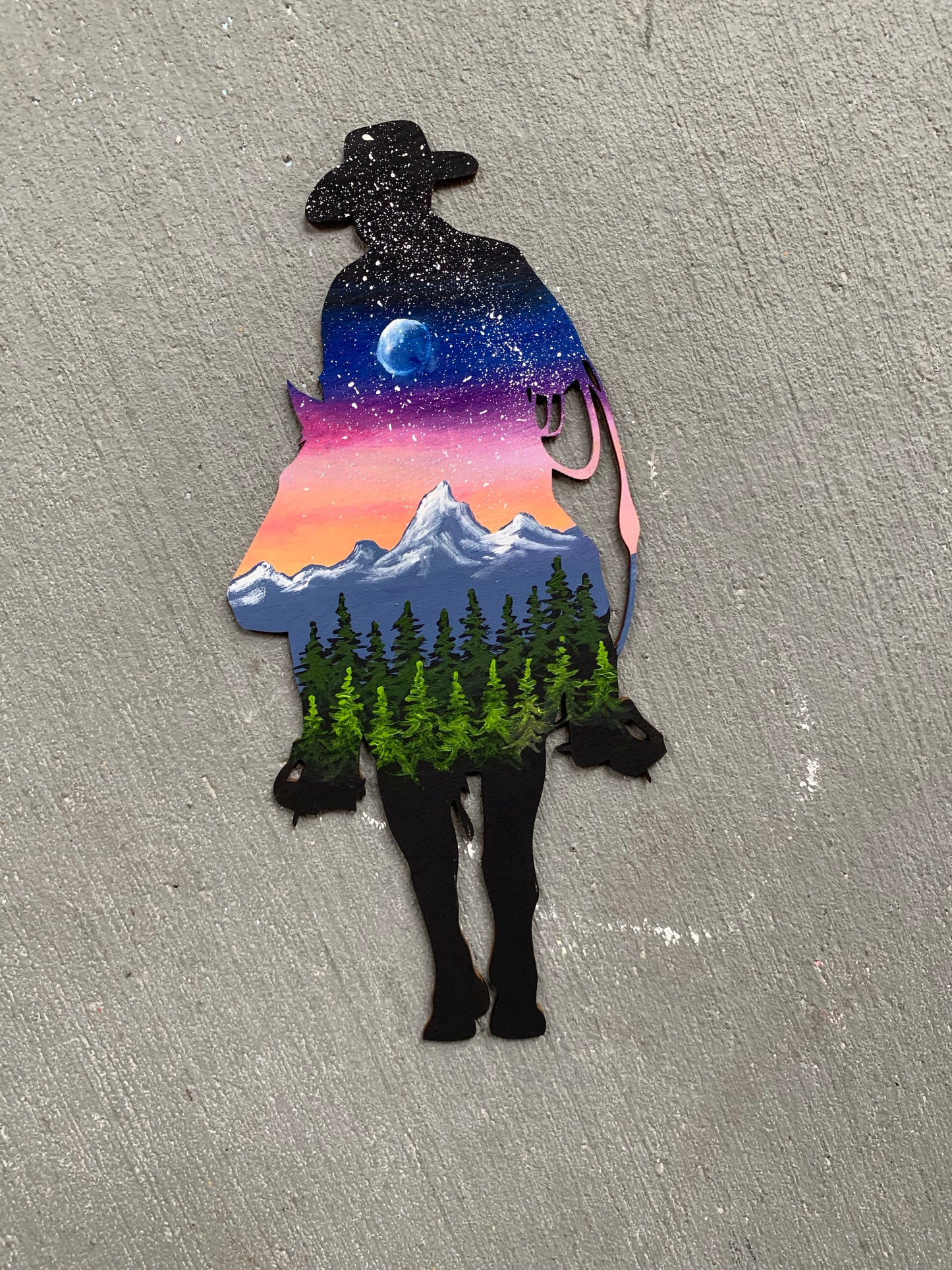 Cattle man horse wood cutout wall hanging painting