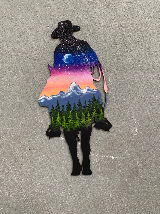 Cattle man horse wood cutout wall hanging painting