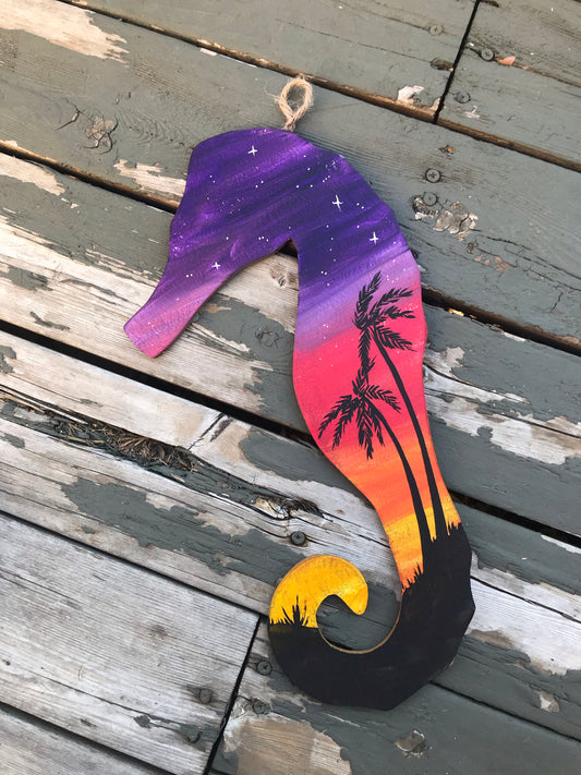 Seahorse wood painting beach art