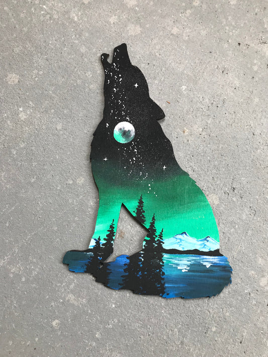 Wolf green wood cutout painting