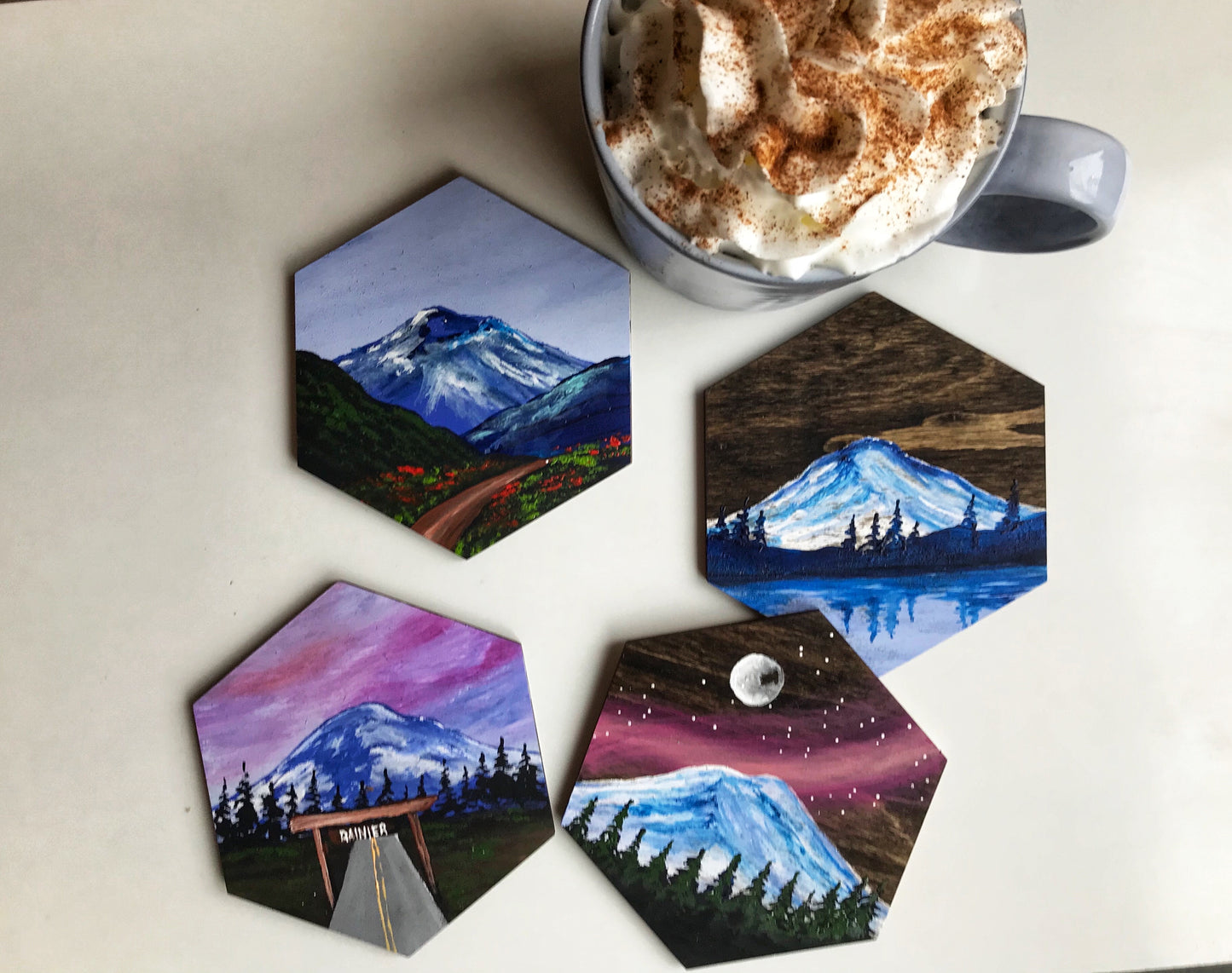 Hexagon mountain wood coasters
