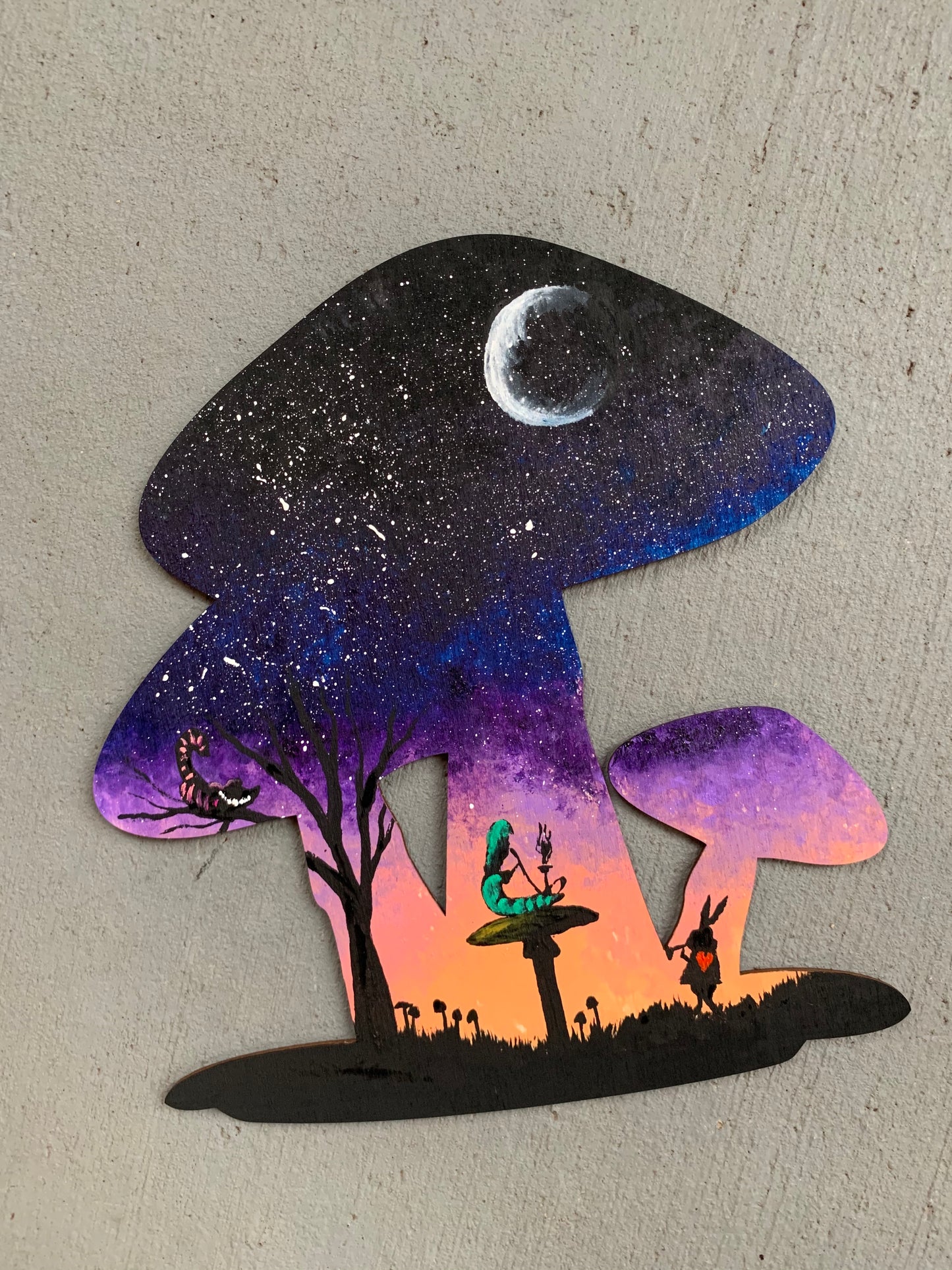 Mushroom wonderland wood cutout painting