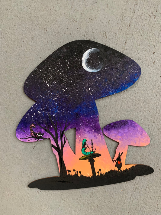 Mushroom wonderland wood cutout painting