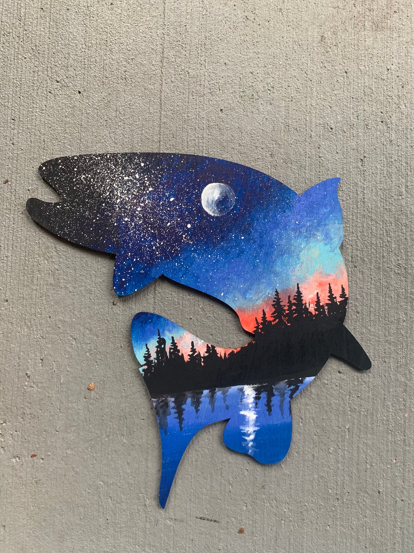 Jumping trout lake wood cutout painting