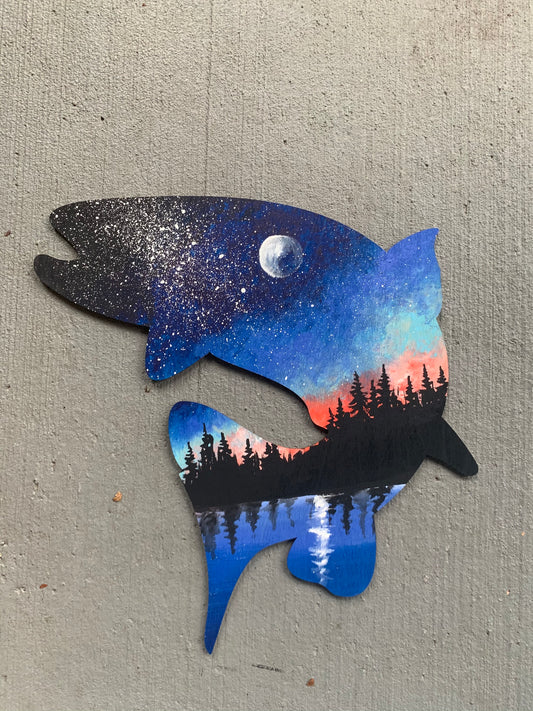 Jumping trout lake wood cutout painting