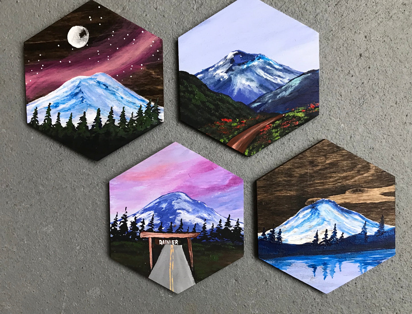 Hexagon mountain wood coasters