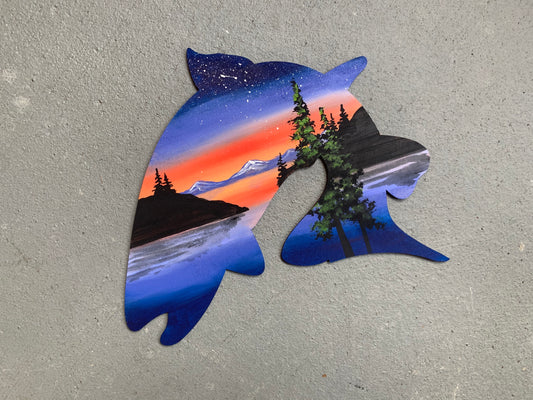 Trout fish jumping wood cutout painting