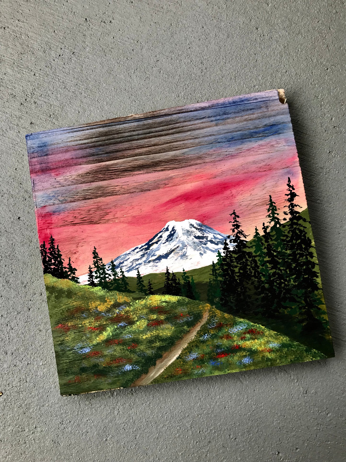 Mt Rainier trail painting wood decor barnwood art