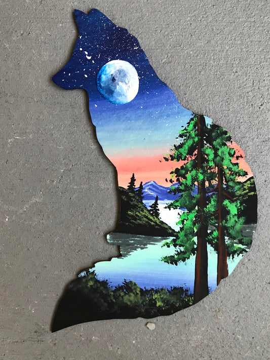 Fox sitting lake wood cutout painting