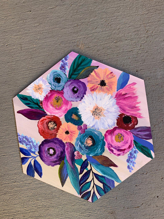 Floral hexagon wood cutout wall hanging painting