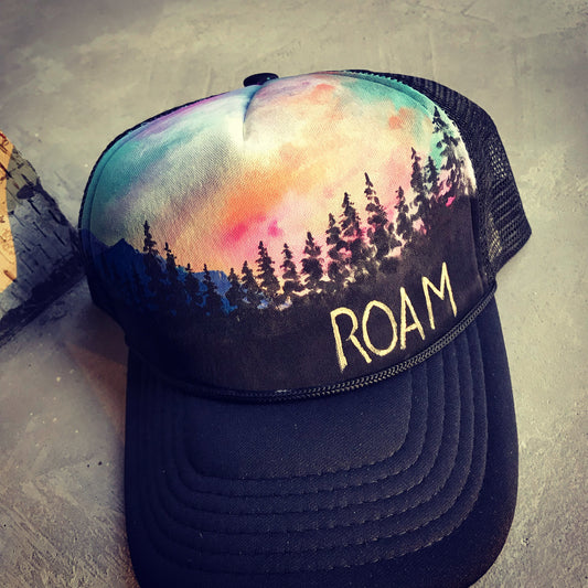 Roam pastel custom painted trucker hat.