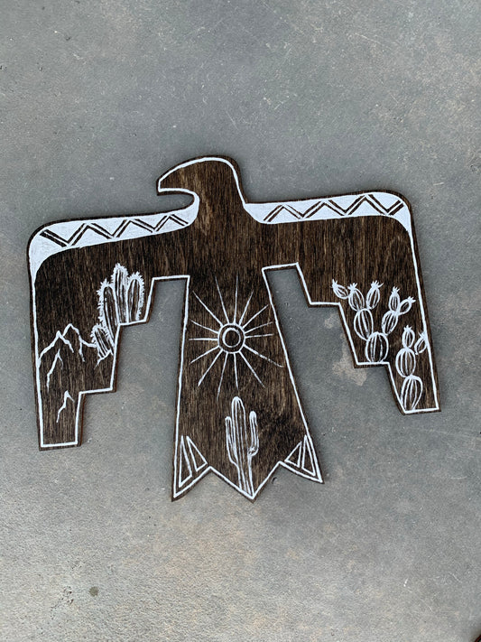Minimal Desert thunderbird eagle stained wood cutout wall hanging painting