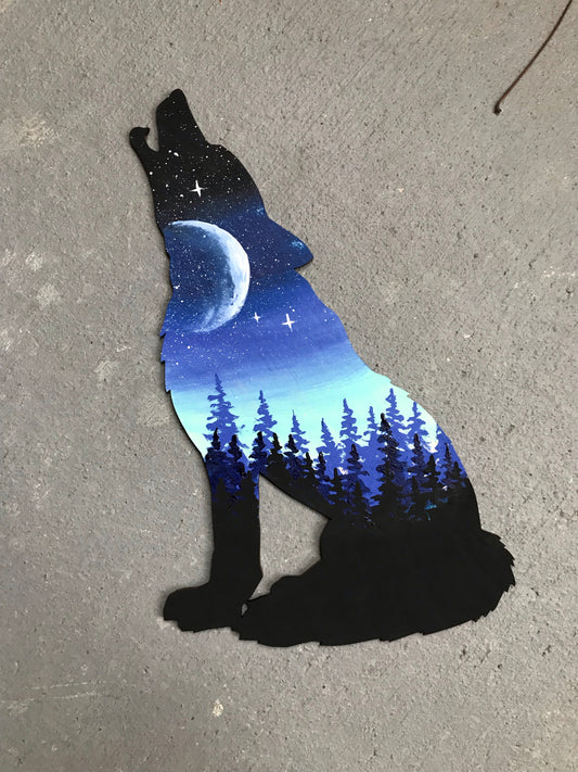 Wolf wood cutout painting blue