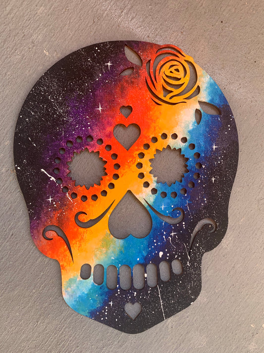 Sugar skull wood cutout painting